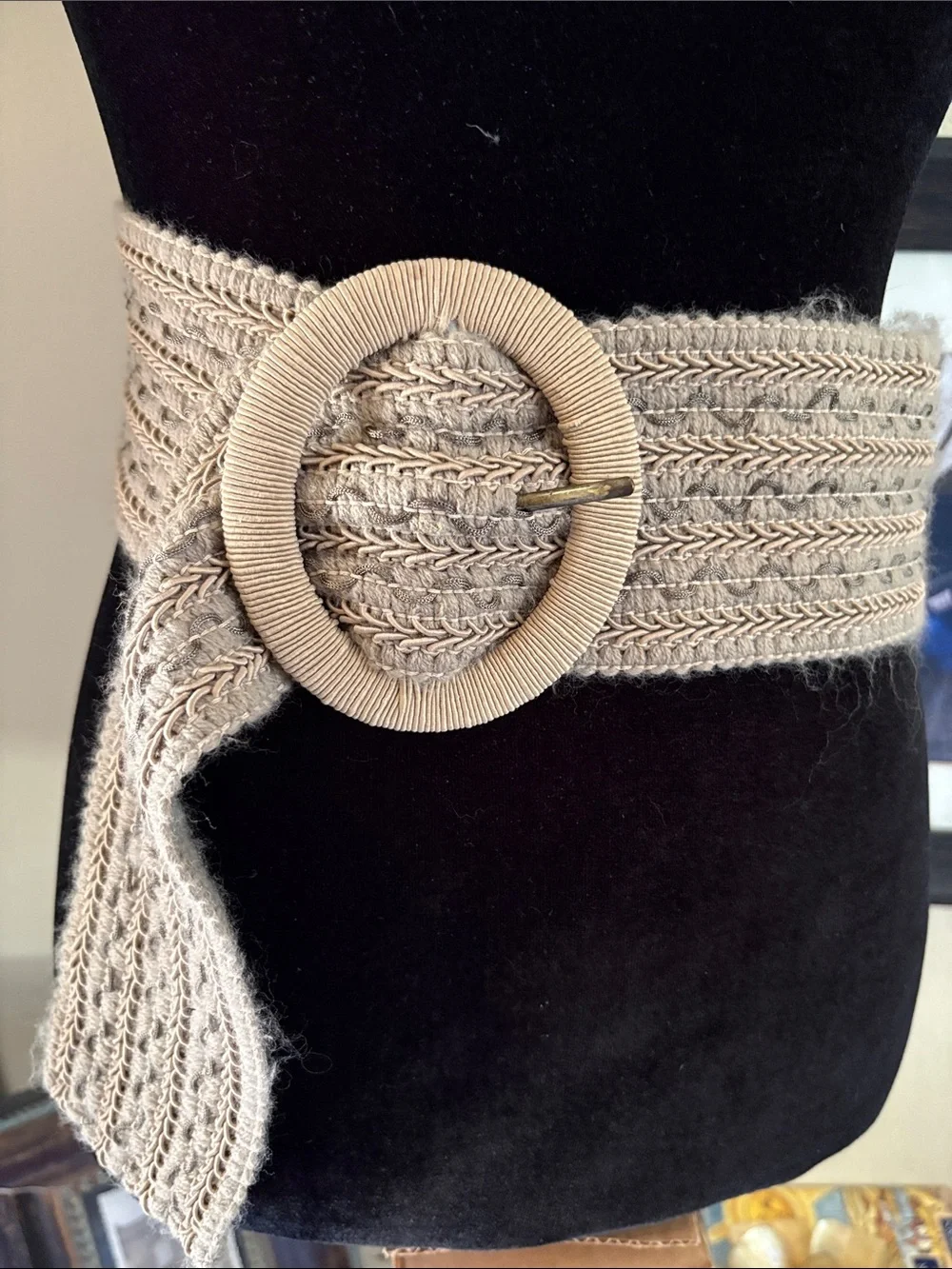 BELT Gray and Beige Yarn and Braided Gimp Trim Pattern Unbranded